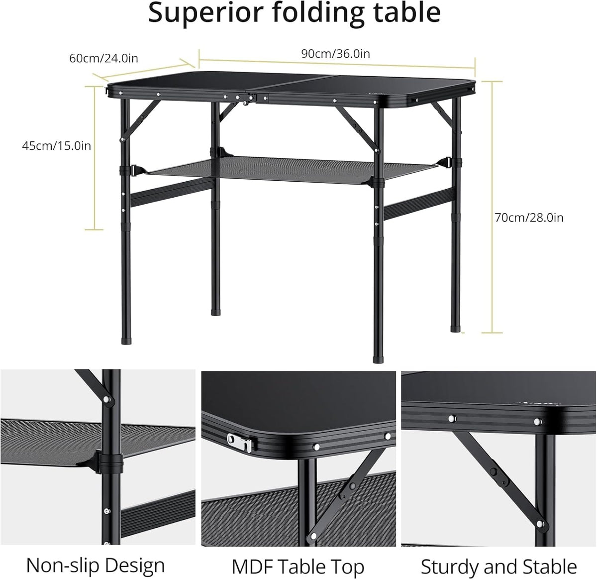 Folding Camping Table, 36" x 24" Portable Table Adjustable Height Max 28 inch Aluminum Folding Table with Storage Net, Lightweight, Portable Handle for Travel, Outdoor, Backyard (Black)