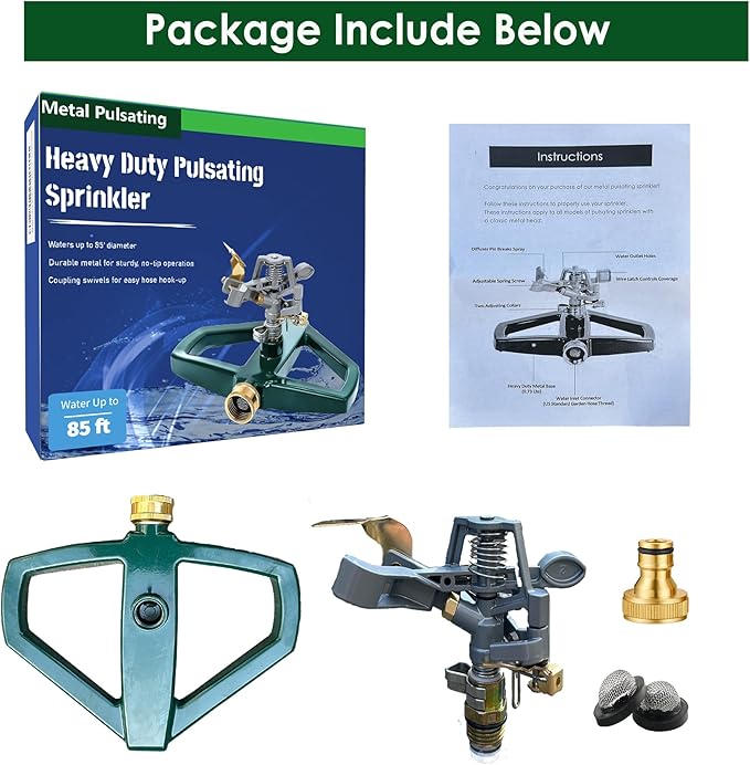 Heavy Duty Metal Pulsating Sprinkler for Yard - 360 Degree Roating Automatic Water Sprinkler for Lawn with Metal Base, Pulsating Impact Sprinklers for Large Area Covers Up to 85‘ Diameter