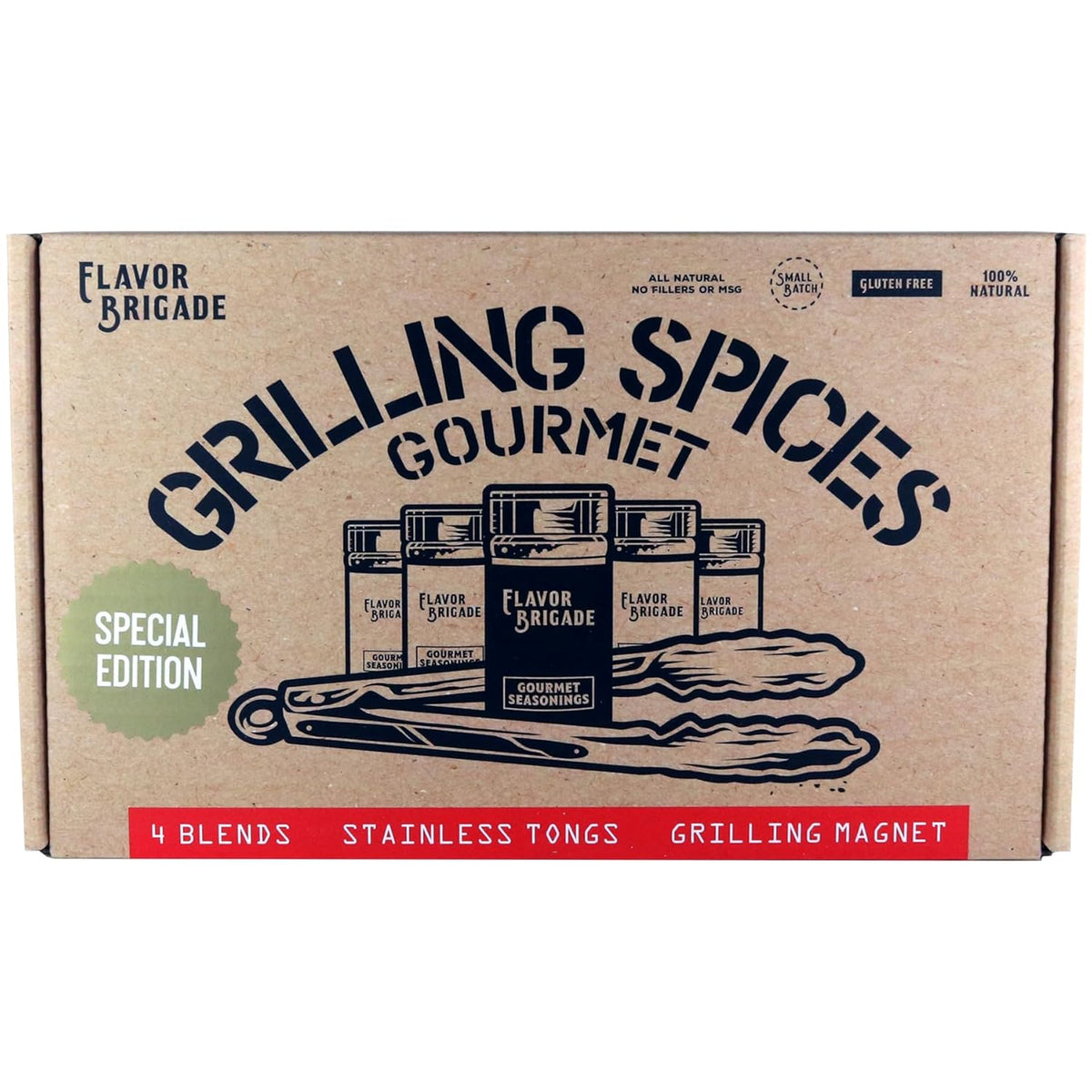 Flavor Brigade Gourmet Grilling Spices Gift Set for Guys, Dad, Men, BBQ Grill Accesories, Smoker, Seasonings, Rub, Steak, Burgers, Chicken, Fish & Stainless Tongs (4 Bags, 7 Piece Set)