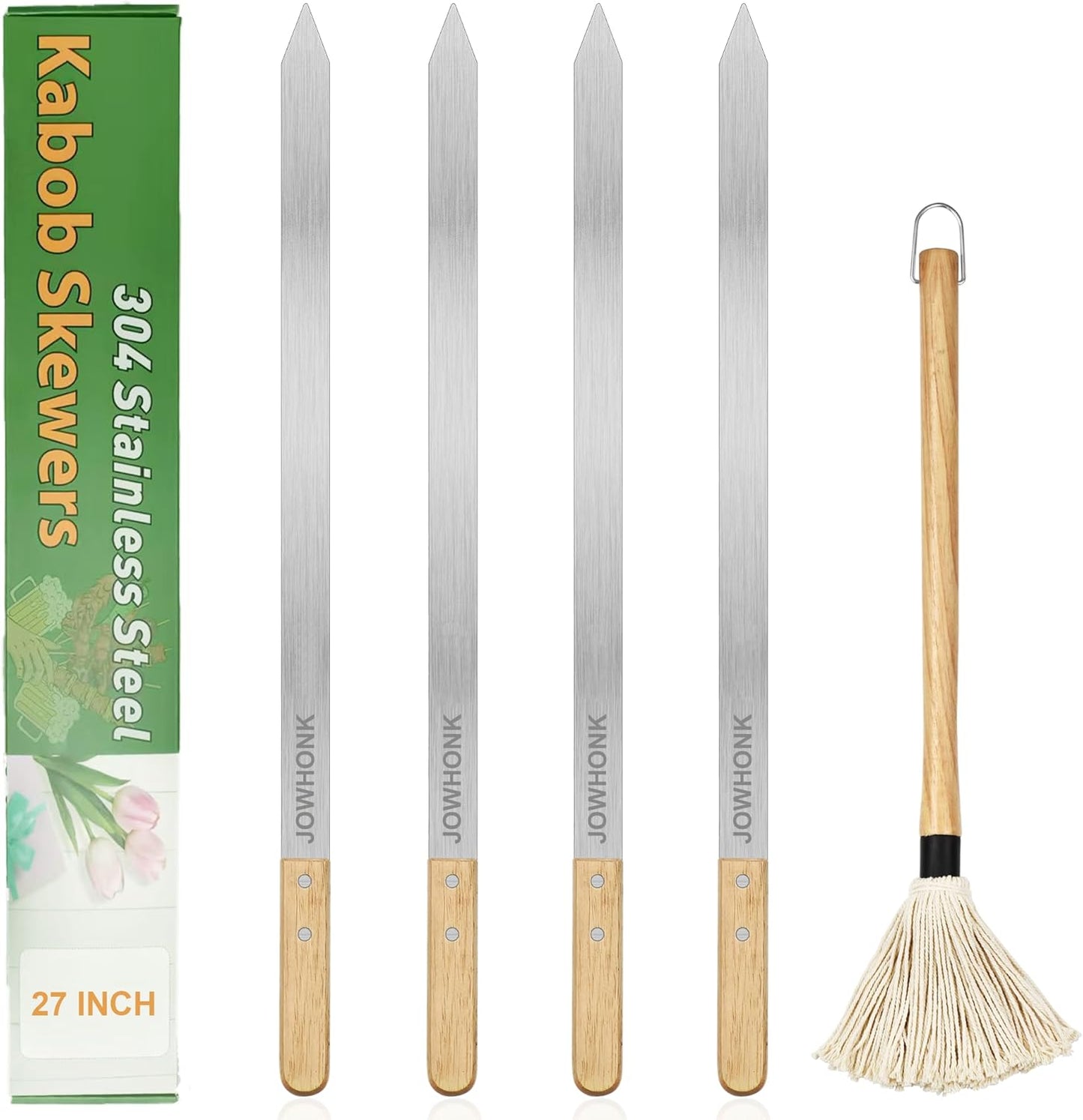 27" 304 Stainless Steel Skewers for Grilling,1 Inch Wide Extra Large Skewers for Kabobs with Wooden Handle,Metal Flat Barbecue Skewer Make Koobideh Brazilian-BBQ Skewer(4),BBQ Mop Brush(1)