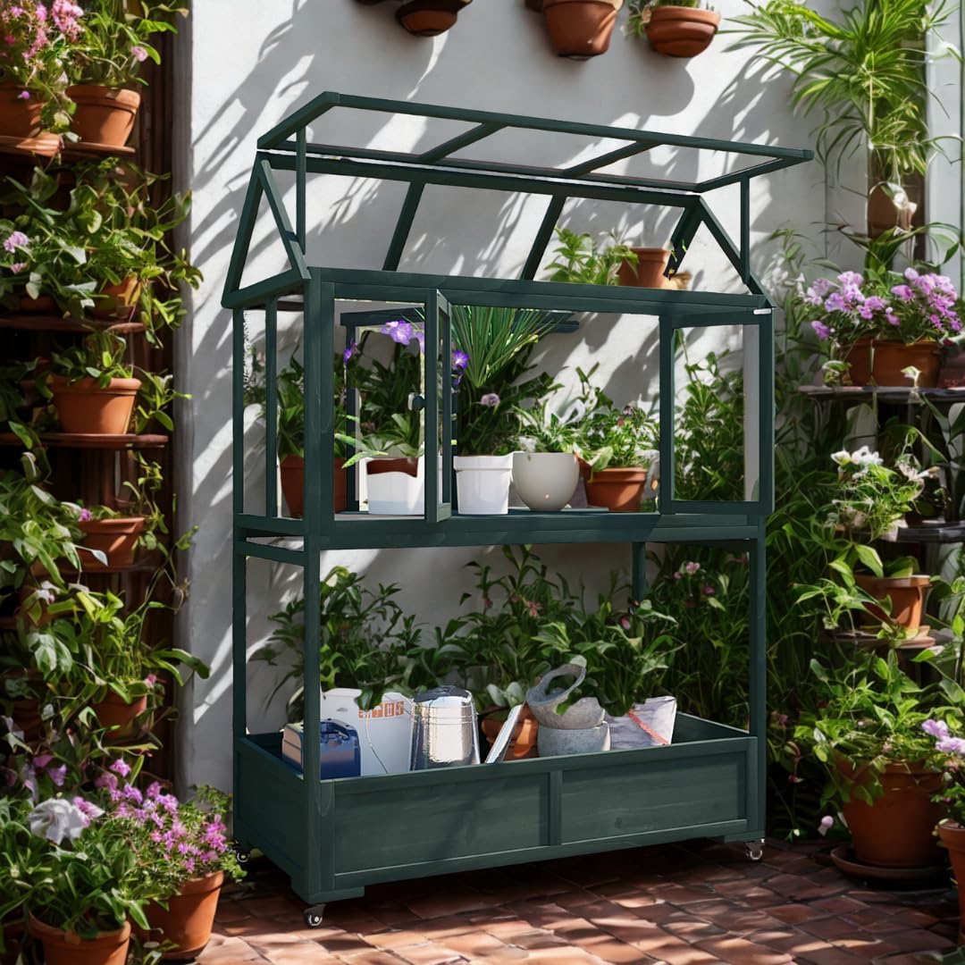 Portable Wooden Cold Frame Greenhouse with Wheels - 47" Mini Greenhouse with Adjustable Roof, Storage Box & Polycarbonate Panels - Plant Protector for Seedlings, Herbs & Winter Gardening (Green)