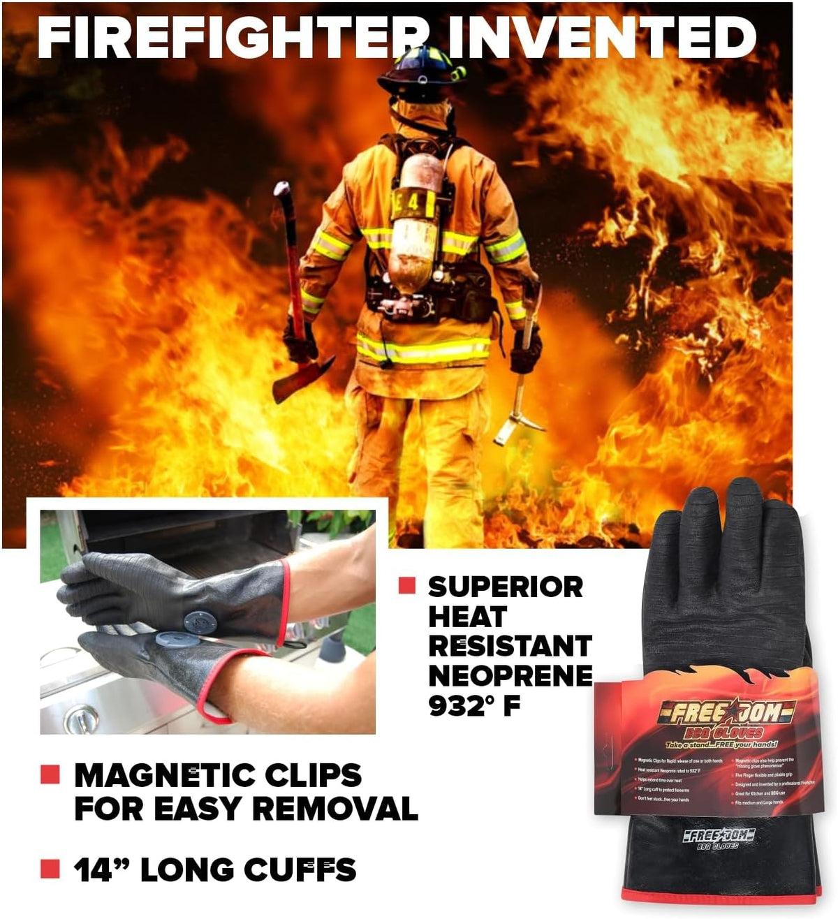 Freedom BBQ Gloves 932°F Heat Rated Magnetic EZ On Off Safety Clips Waterproof for Grills Smokers Fryers Ovens (14")