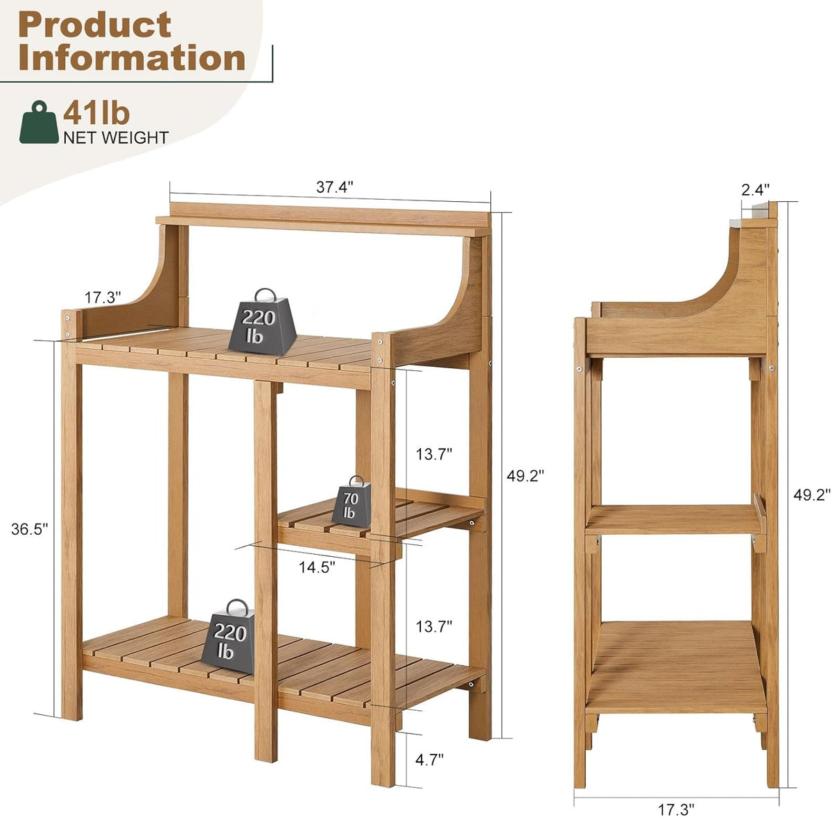 LMP Potting Bench, HDPS Potting Bench Table, 50’’x17.5x37.5' (LxWxH) All Weather Potting Table Work Station for Outside Gardening, Like Teak Wood