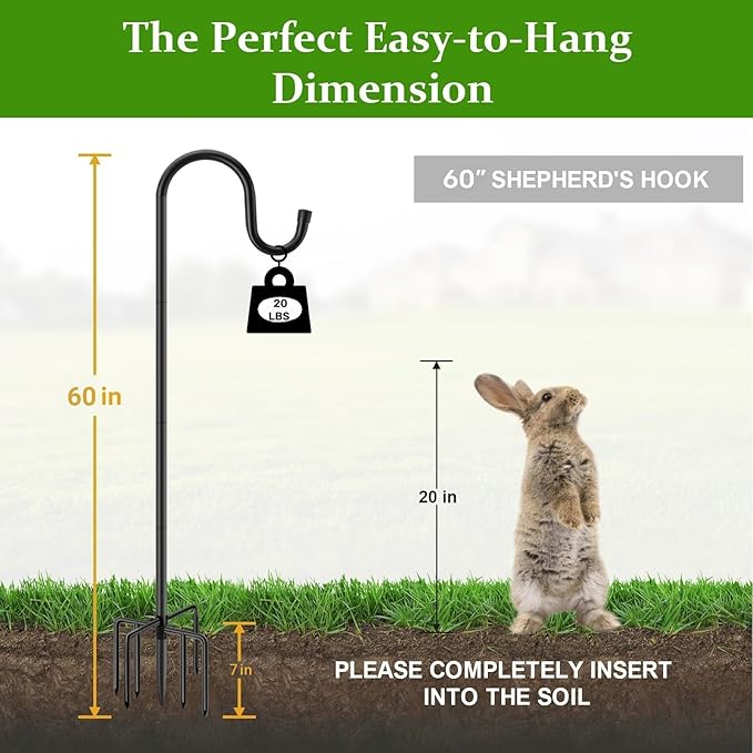 60" Shepherds Hooks for Outdoor, Heavy Duty Bird Feeder Pole for Hanging Lantern, Hummingbird Feeder, 7 Prongs Base Shepherds Hook for Bird Feeders Outside,1 Pack, Black