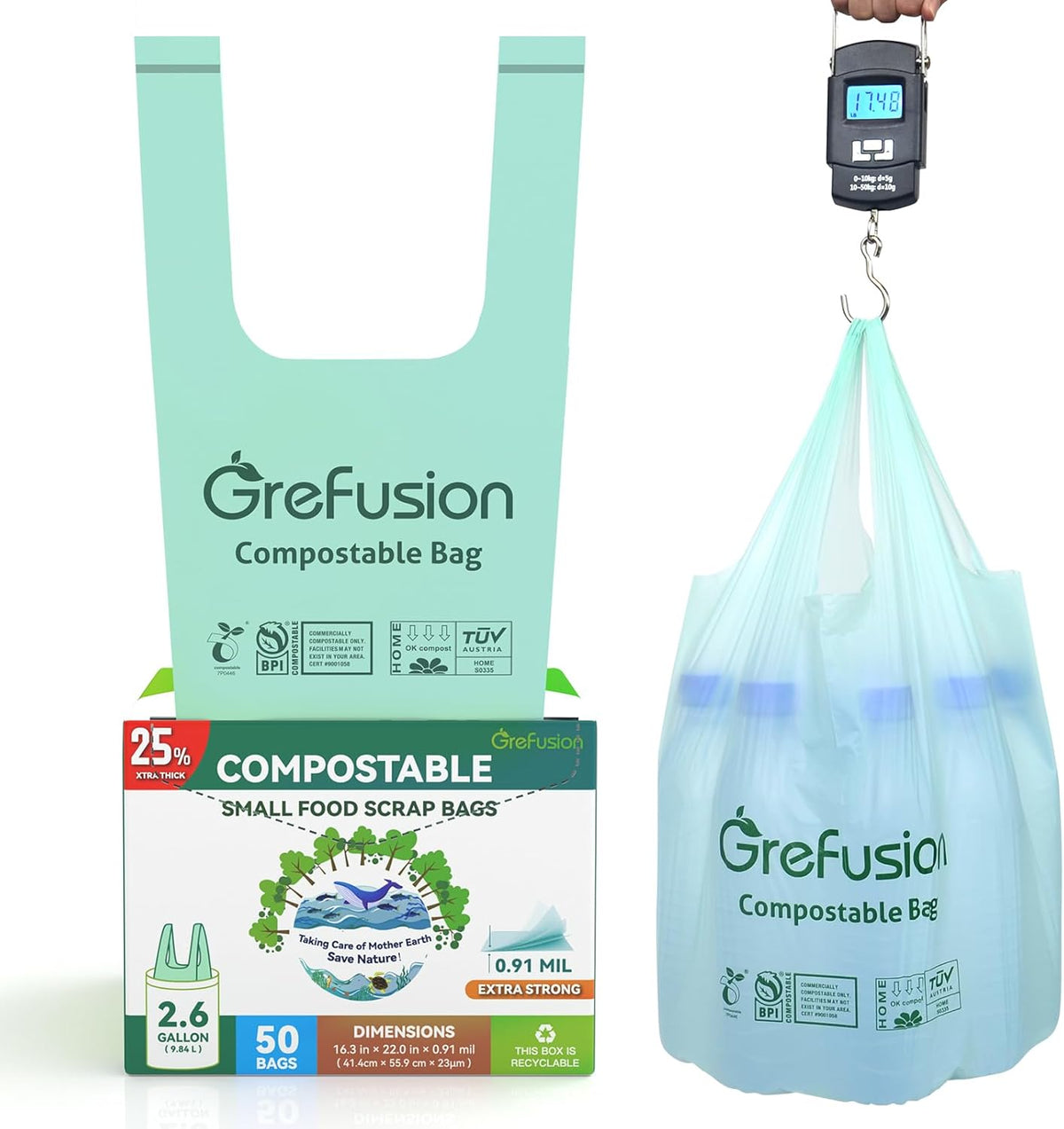 Compostable Trash Bags with handle-tie,Garbage Bags, 2.6 Gallon,Food Waste Bags,Small trash bags for compost bin kitchen,Certified by BPI and OK Compost (2.6G-50count)