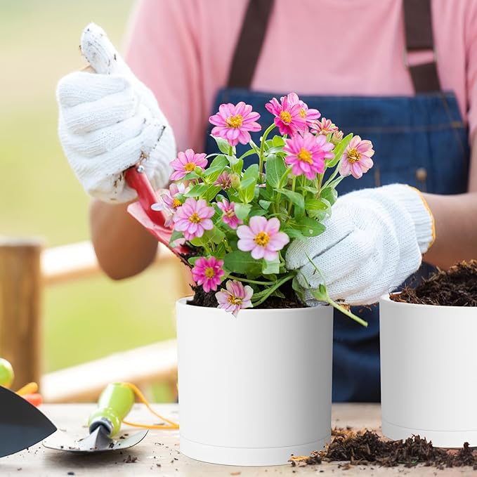 8/7/6 inch Plant Pots, Set of 3 Cylinder Flower Pots for Outdoor Indoor Plants, Decorative Plastic Planters with Drainage Holes and Saucers for Garden House Plants, White