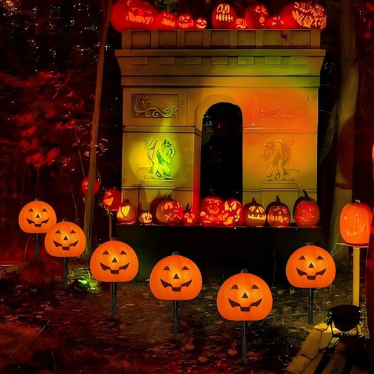 4 Pack Halloween Pumpkin Pathway Lights - 7Ft Outdoor Decorative String Lights with 4 Jack-O-Lantern Stake Lights for Halloween Yard, Garden, Walkway, Party and Lawn Decorations, Waterproof