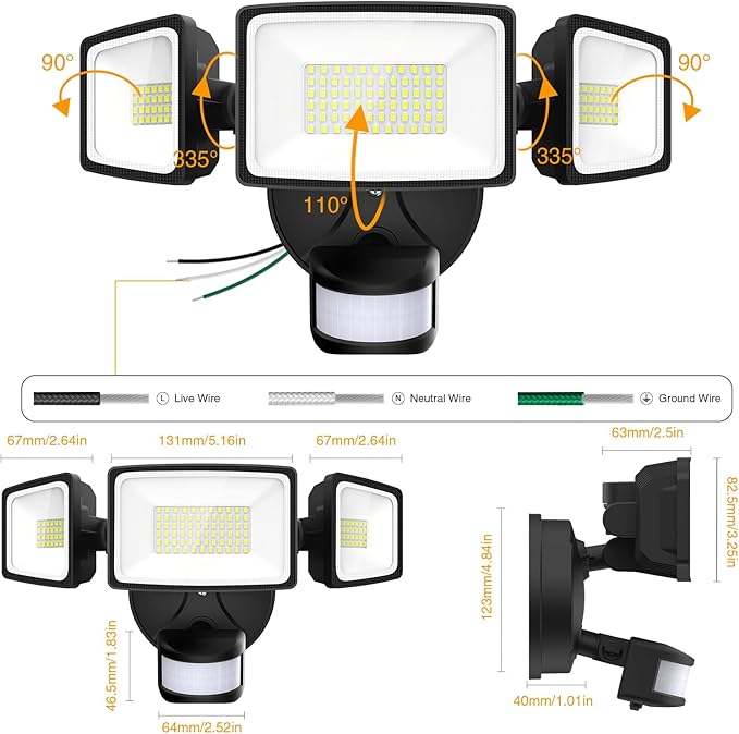 Onforu 3 Pack 65W LED Motion Sensor Outdoor Lights, Security Light Motion Outdoor Flood Light Fixture Detection Detector, 3 Adjustable Heads 6500LM 6500K IP65 Waterproof Exterior Garage Yard (Black)