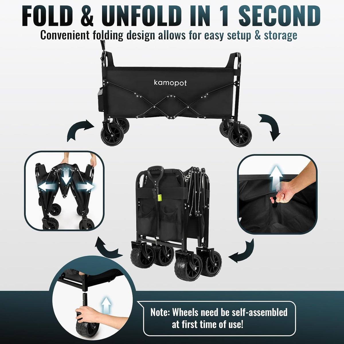 Large Collapsible Wagon Foldable for Beach, Yard, Grocery, Park, 34" x 18" Inner Storage. 300lb Heavy Duty Folding Utility Wagon on Big Wheels for Sand, Durable w/Cupholders