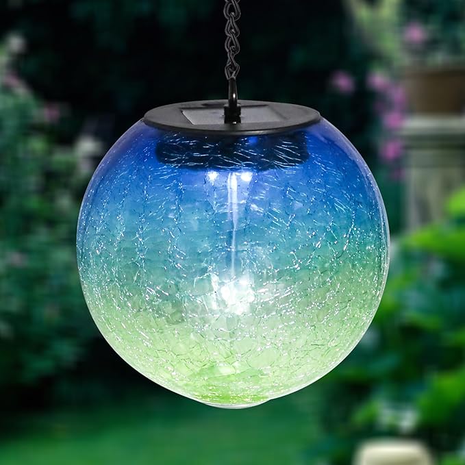 Hanging Solar Lights Outdoor Solar Lanterns Outdoor Decorative Cracked Glass Ball Lights Solar Powered Waterproof LED Globe Lantern for Outdoor Porch Patio Garden Decor Gift Blue&Green