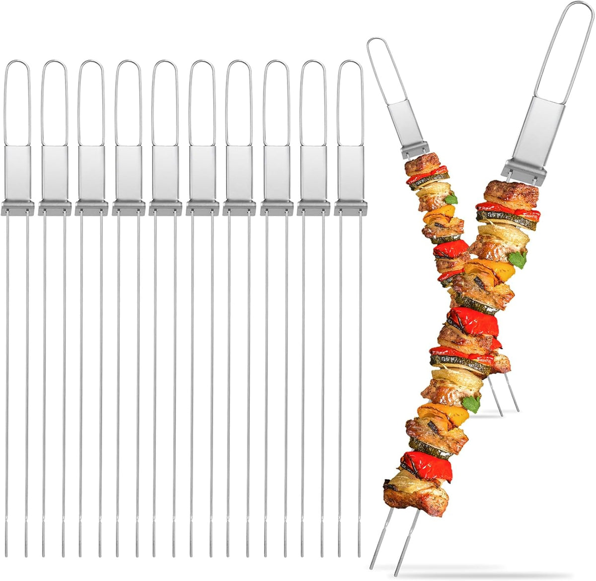 Metal Skewers for Kabobs - 17" 10 Pack Kabob Skewers with Push Bar Double Pronged Anti-Roll Flat BBQ Skewer for Grilling Stainless Steel Reusable Kebab Skewer for Meat Shrimp Chicken Veggie
