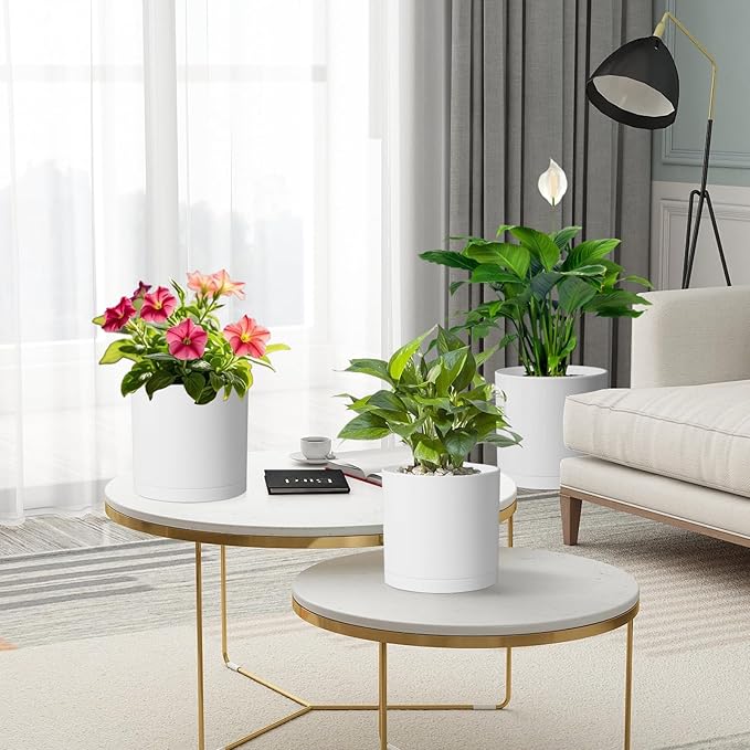 12/10/8 inch Large Plant Pots, 3 Pack Deep Cylinder Flower Pots for Outdoor Indoor Plants, Tall Plastic Planters with Drainage Holes and Saucers for Garden House Plants, White