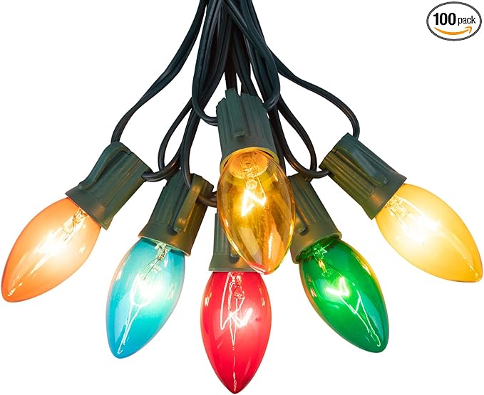C9 Bulb String Lights Outdoor 100 Feet Multicolored Christmas Lights Green Wire for Outdoor Patio Room Christmas Tree Party Backyard Xmas Decoration, E17 Base, 100+4 Bulbs, Not Connectable