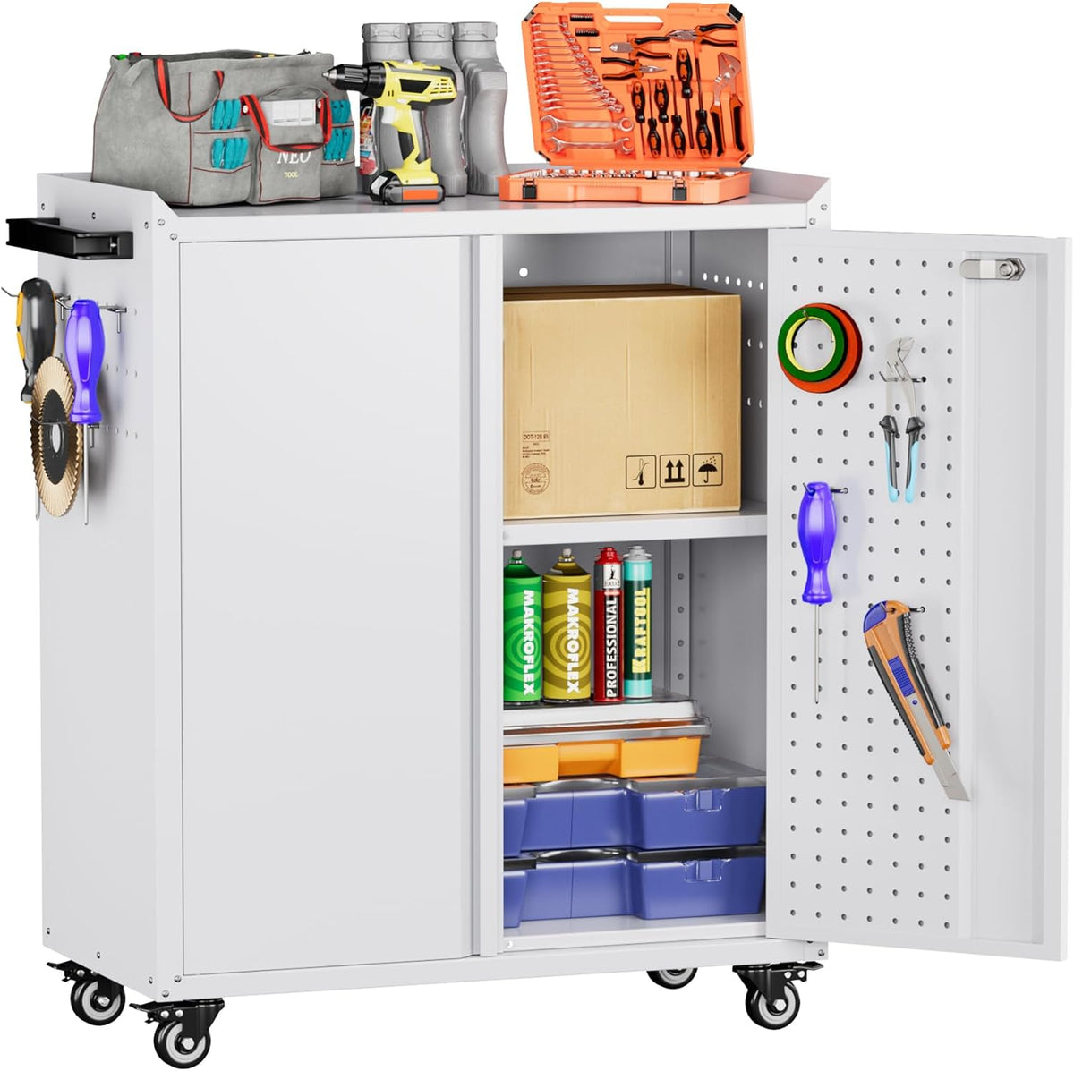 Garage Storage Cabinet with Wheels & Pegboard, 34.3" H Locking Metal Tool Storage Cabinet with Doors and Shelf & 4 Hooks for Garage, Home, Workshops, Assembly Required, White