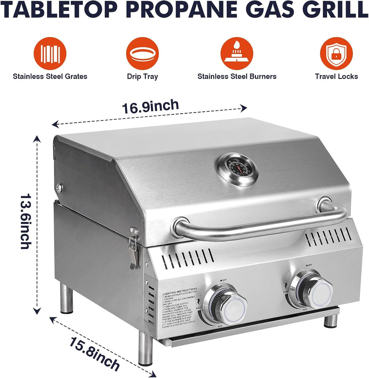 Llamaviva 2 Burners Tabletop Gas Grill, 20,000 BTUs Portable Stainless Steel Propane Grill with Legs for Tailgating, Outdoor Patio Backyard Camping, and RV Trips - food clip