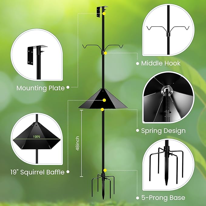 Bird House Pole, 95 Inch Heavy Duty Bird Feeder Pole Mount Kit for Outdoors, Adjustable Feeding Stand, with 2-Hooks, Metal Squirrel Baffle and 5-Prong Base, for Birds Watching