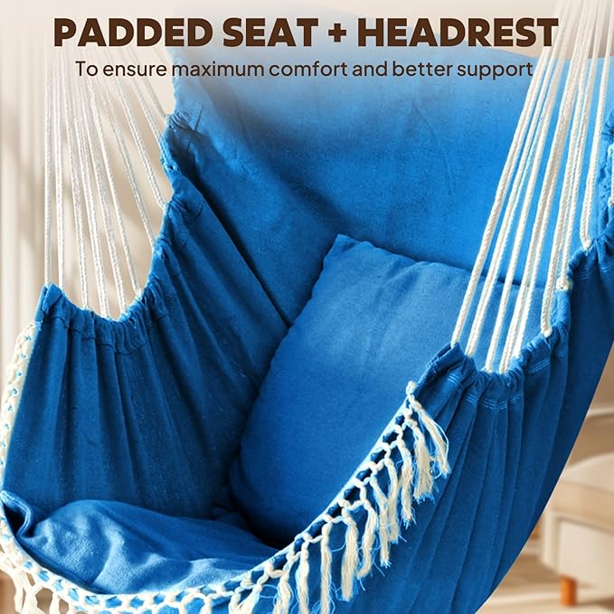 Chihee Hammock Chair Hanging Swing 2 Pillows Included,Strong Webbing Straps and Hooks for Easy Hanging Soft Cotton Hanging Chair Side Pocket Tassel Chair Comfort Indoor Outdoor Royal Blue