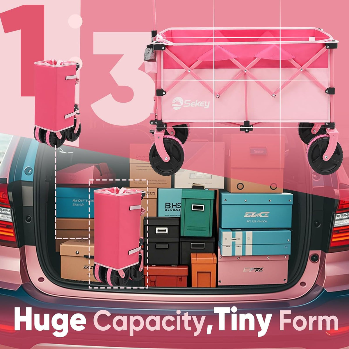 Sekey 220L Collapsible Foldable Wagon with 330lbs Weight Capacity, Heavy Duty Folding Utility Garden Cart with Big All-Terrain Beach Wheels & Drink Holders.Pink
