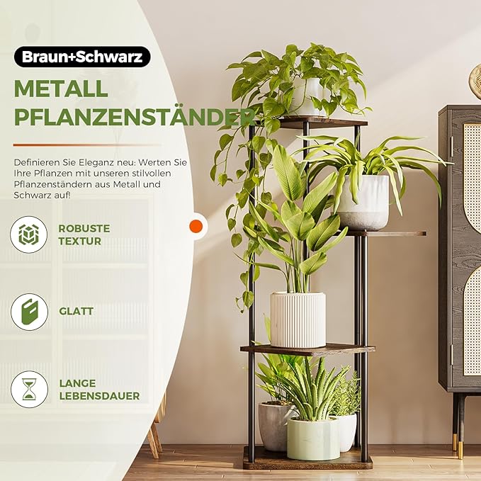 Bamworld Small Plant Stand Indoor, 4 Tier Metal Plant Shelf for Multiple Plants, Corner Flower Stand for Patio Garden Balcony Living Room Bedroom(Brown)