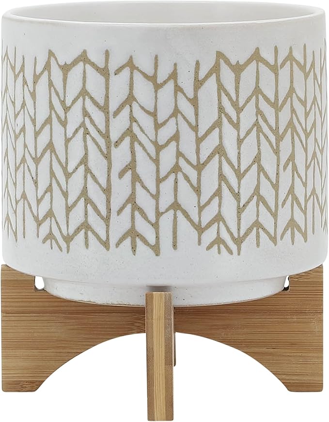 8" Ceramic Planter Stand, Ivory/Beige Chevron with Wooden Base, Indoor/Outdoor Planter with Stand for Your Succulents and Small Plants