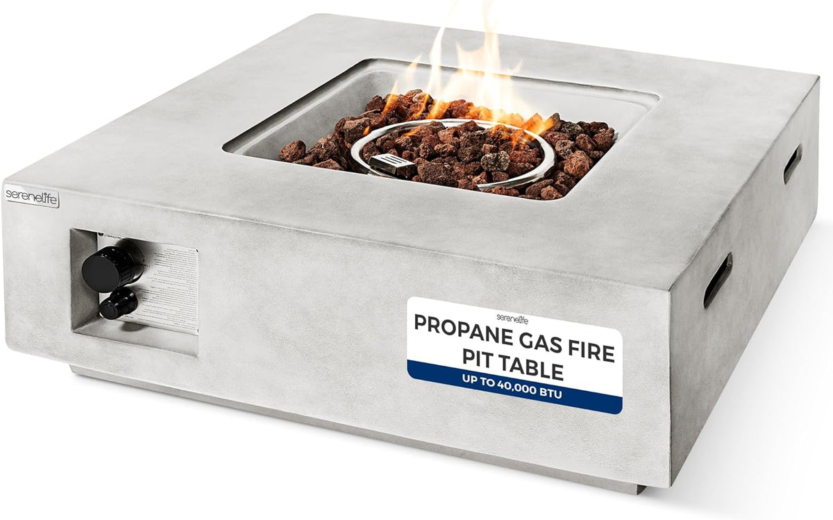 SereneLife Propane Fire Pit Table, 40,000 BTU Outdoor Square Gas Fire Pit with Cover, Weather-Resistant Metal, Adjustable Flame, Lava Rock Set, Ideal for Patio, Backyard & Terrace (30” x 30” x 11”)