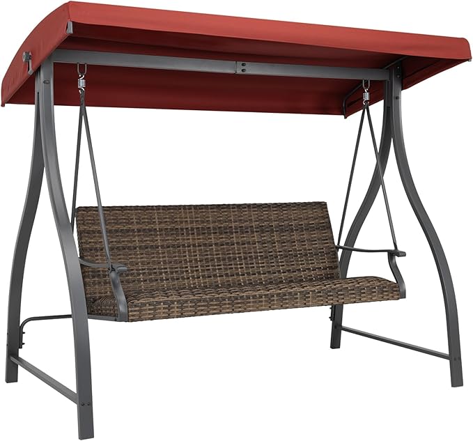 BPS 3 Seat Outdoor Porch Swing with Adjustable Canopy, PE Wicker Patio Swing Chair with Quick-Drying Foam Seat, 882 LBS Capacity, Proch Swings for Deck, Backyard, and Lawn, Red