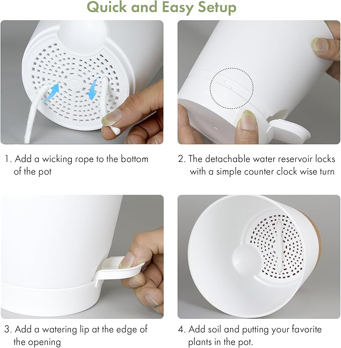 7/6.5/6/5.5/5/4 inch Self Watering Pots for Indoor Outdoor Plants, 6 Pack Plastic Flower Planters with Drainage Holes and Removable Saucers, Plant Pots with Wicking Rope, Modern Decor, White