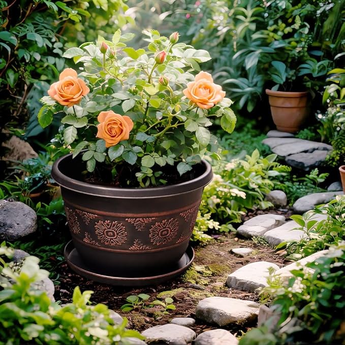 4 Pack 12 inch Plant Pots, Retro Pattern Planters with Drainage Holes and Saucer, Sturdy Plastic Garden Flower Pots for Indoor & Outdoor Plants