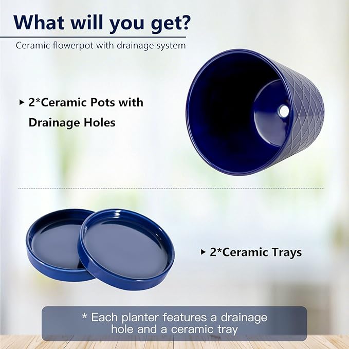 BUYMAX Plant Pots Indoor –6 inch Ceramic Flower Pot with Drainage Hole and Ceramic Tray - Gardening Home Desktop Office Windowsill Decoration Gift, Set of 2(Royal Blue)