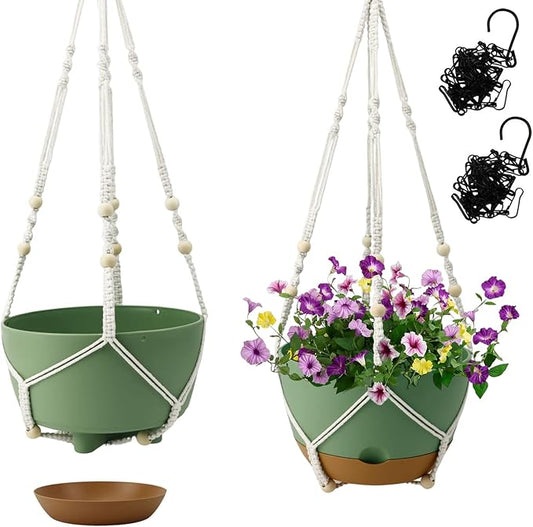 Hanging Planter Self Watering 10 Inch, 2 Pack Indoor Outdoor Hanging Baskets, Hanging Flower Pots with Drainage Hole & 2 Kinds of Plant Hangers for Garden Home Decor(Green)…