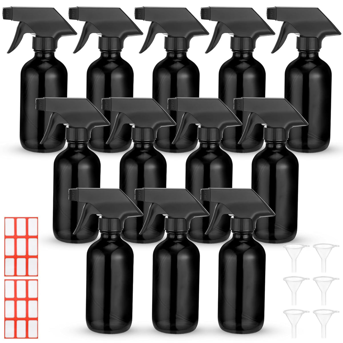 Norme 12 Pcs 8 oz Glass Spray Bottles with Funnels and Labels Refillable Cosmetic Empty Spray Bottles with Sprayer Containers for Essential Oil Cleaning Solutions(Black,Classic)