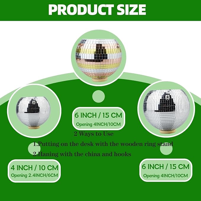 6inch Disco Ball Hanging Plant Pots,Plant Disco Ball Silver Mirror Disco Planter with Chain Hook for Indoor Outdoor Decor and Wooden Stand for Desk,Self Watering Insert Pots, Boho Disco Ball Planter