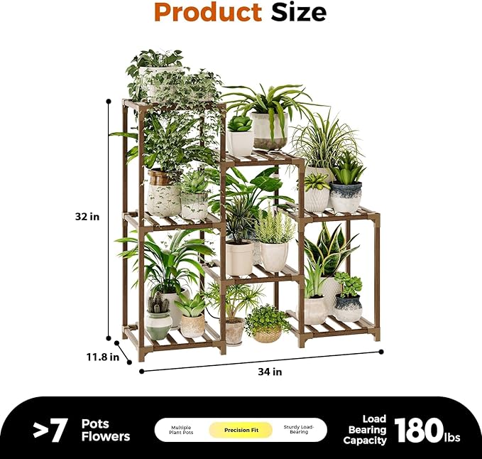 Bamworld Plant Stand with Grow Light Plant Shelf for Mutiple Pots 3 Tiers Ladder Plant Holder for Living Room Patio Boho Home Decor for Gardening Warm Light