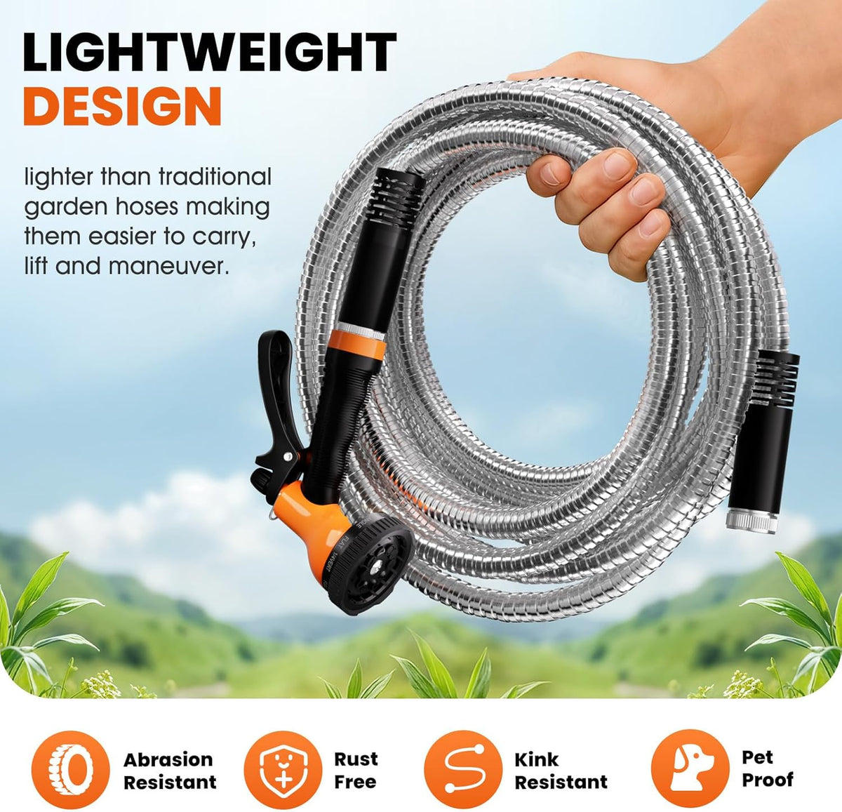 Garden Hose 50 FT, Flexible Metal Hose with 10 Function Nozzle, Kink Free, Lightweight, Durable, Crush Resistant Fitting, Easy to Coil, Puncture Proof Hose for Yard, Rv, 600 PSI 2025 New