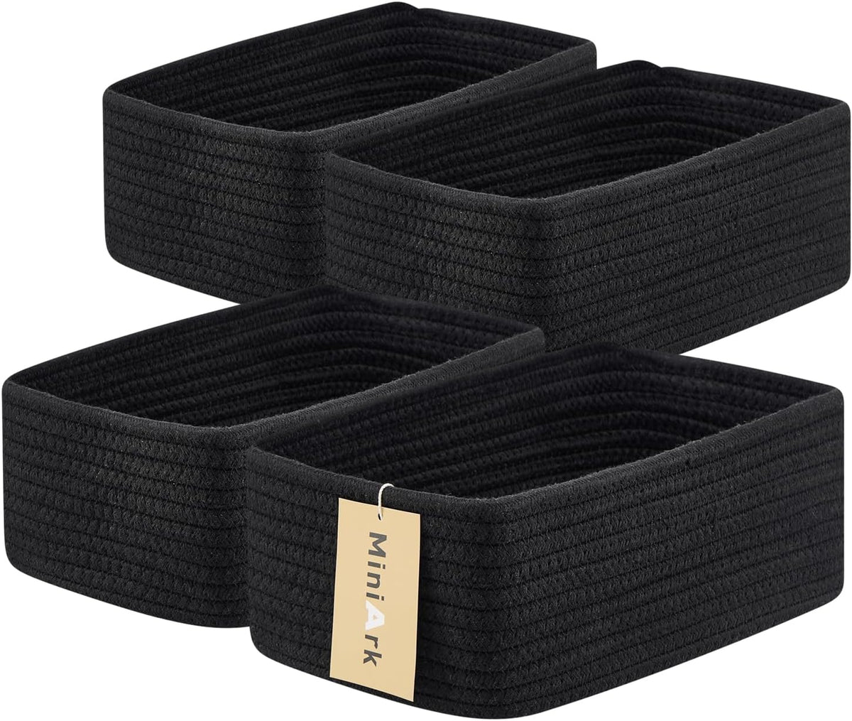 Small Storage Baskets for Organizing | Closet Organizer Bins | Shelf Toy Basket | Woven Rope Baskets | Cube Decorative Box | Shallow Basket | 11.5x7.5x4.7” | 4 Packs Black