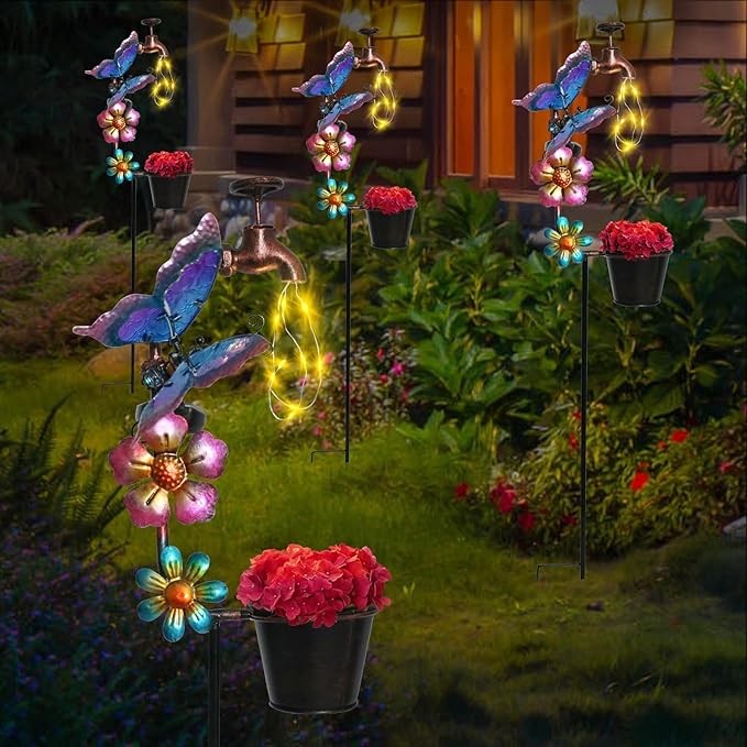 Afirst Solar Outdoor Decorative Butterfly Lights - Faucet Shaped Twinkling Light Garden Stake Decorations for Pathway Lawn Patio Courtyard Backyard