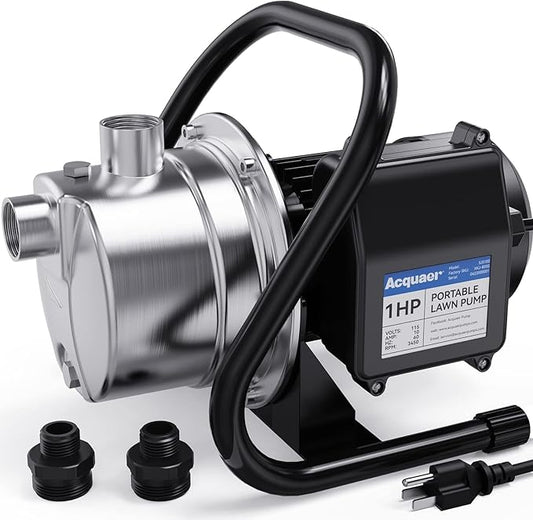 Acquaer 1 HP Portable Shallow Well Garden Pump, Stainless Steel, 998 GPH, 115V Sprinkler Water Transfer Draining Irrigation Pump for Water Removal/Lawn Garden