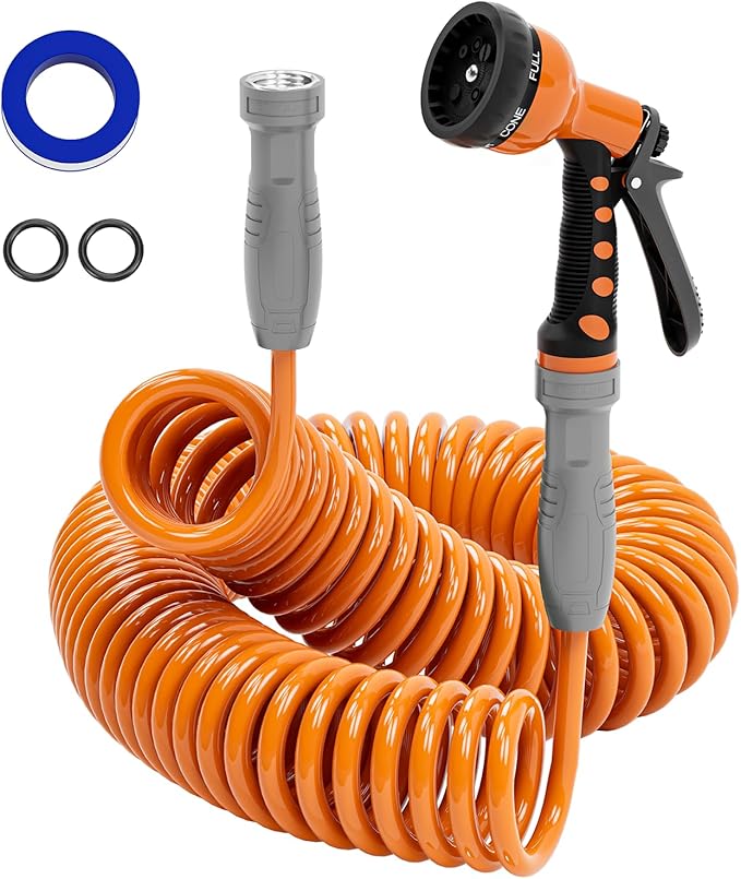 3/8” Lightweight Coil Garden Hose 75 FT, EVA Retractable Curly Water Pipe with 6-Pattern Spray Nozzle for Boat, Greenhouse, Yard, Patio (Orange)