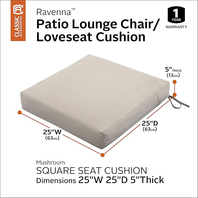Classic Accessories Ravenna Water-Resistant 25 x 25 x 5 Inch Square Patio Seat Cushion Slip Cover & Foam, Mushroom, Lounge Chair Cushion