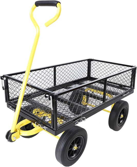 Heavy Duty 480 Lbs Capacity Mesh Steel Garden Cart Folding Utility Wagon with Removable Sides (Black+Yellow)