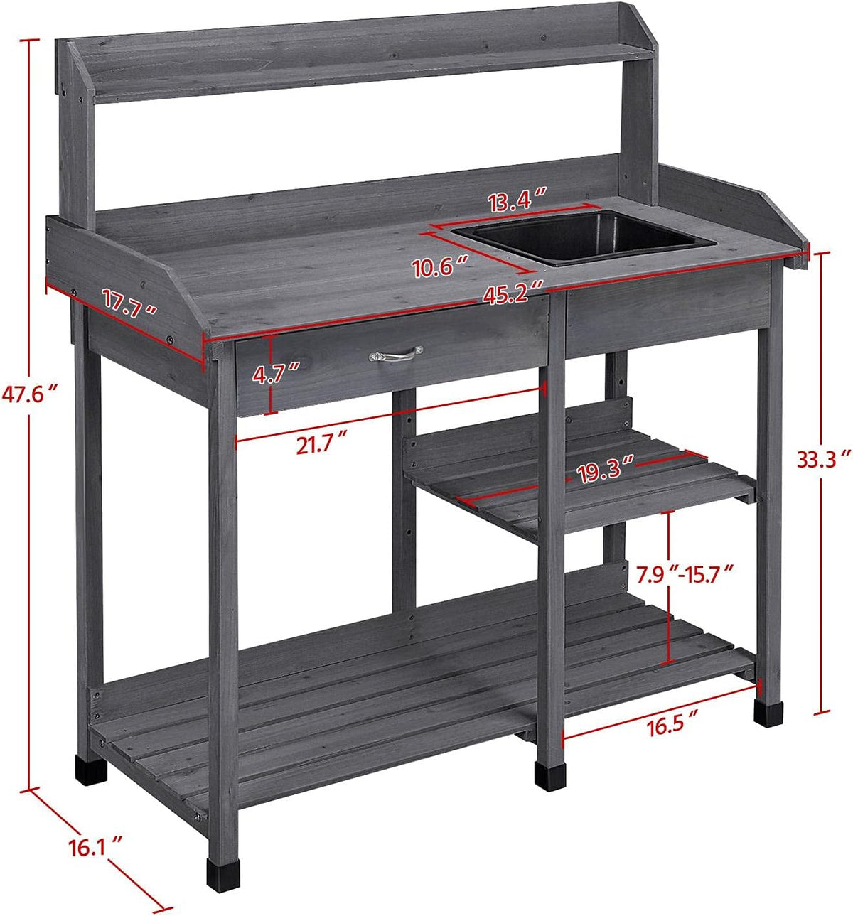 Yaheetech Outdoor Potting Bench Table Potters Benches Garden Workstation for Horticulture with Drawer/Adjustable Shelf Rack/Removable Sink/Hooks/Pads, Gray