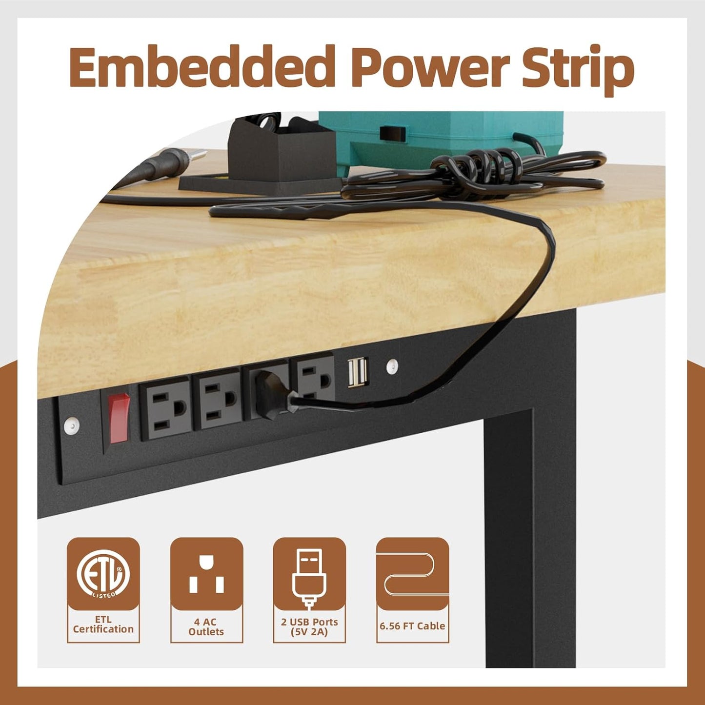 48'' Adjustable Workbench, Solid Wood Work Bench Table, Metal Tool Bench Work Bench with Power Outlet, Heavy Duty Large Load Capacity Garage Workbench Workshop Table for Workshop,Office,Home