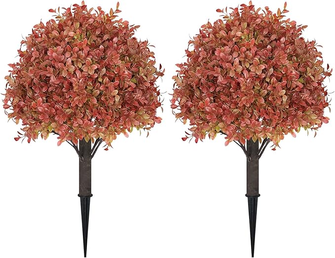 24" Tall Artificial Boxwood Ball Fall Topiary Trees Set of 2, UV Resistant Large Faux Plants Outdoor, 2ft Fake Bushes and Shrubs Look Real with Stake for Front Porch Outside Planter Backyard Decor