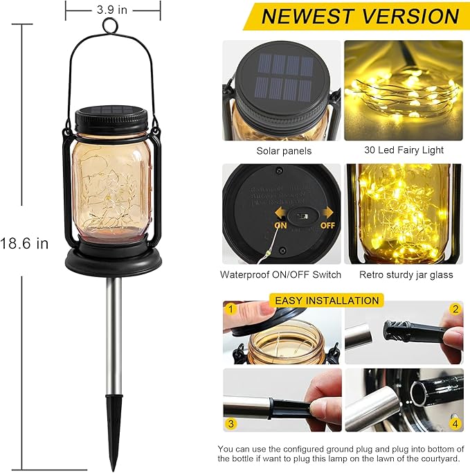4 Pack Hanging Solar Lantern Lights,Vintage Glass Mason Jar Solar Fairy Lights, Mothers Day Gifts for Woman Mom Grandmom,Outdoor Decorative Waterproof Table Lamp with Stakes for Patio Yard Lawn Tree
