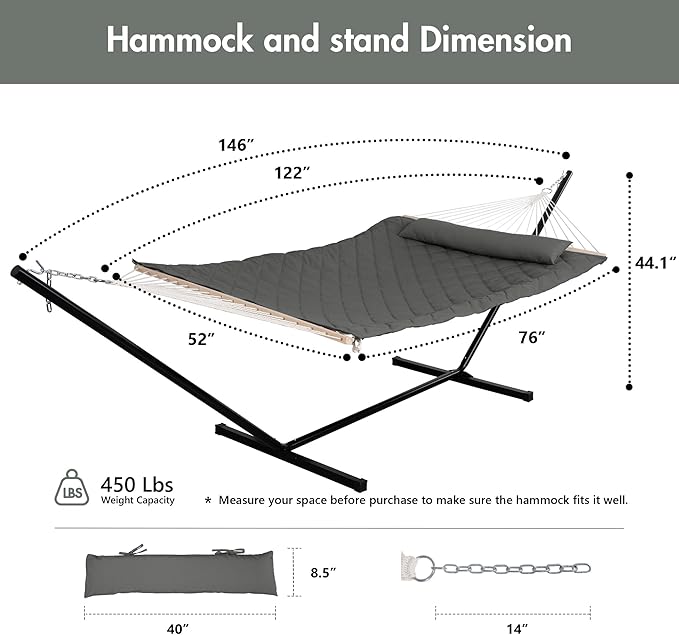 ANOW Outdoor Hammock with Stand 12FT, Heavy Duty Hammock with Steel Stand, Included Detachable Pillow and Pad, 450 LBS Weight Capacity, Gray