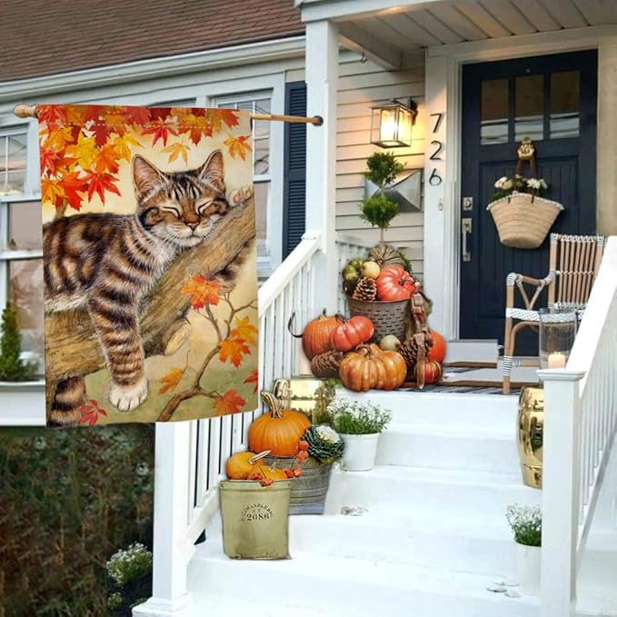 BLKWHT Fall Cat House Flag 28 x 40 Vertical Double Sided Autumn Leaves Thanksgiving Holiday Outside Decorations Burlap Yard Flag BW699-40