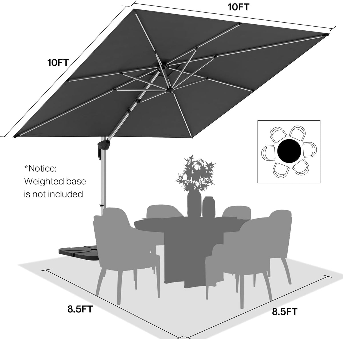 Patio Umbrella, 10FT Outdoor Cantilever Umbrella with 360-degree Rotation for Garden, Deck, Backyard, Pool and Beach, Grey