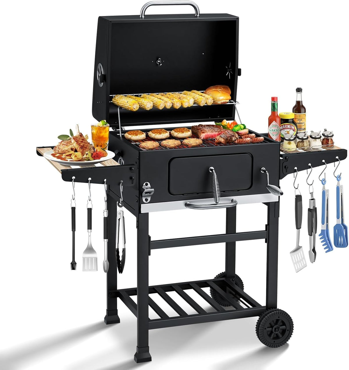 MELLCOM Charcoal Grill with Wood Foldable Side Table - 338 Sq.In BBQ Area with Individual Lifting Charcoal Trays & Thermometer, Movable Charcoal Grill for Outdoor Patio, Garden and Backyard