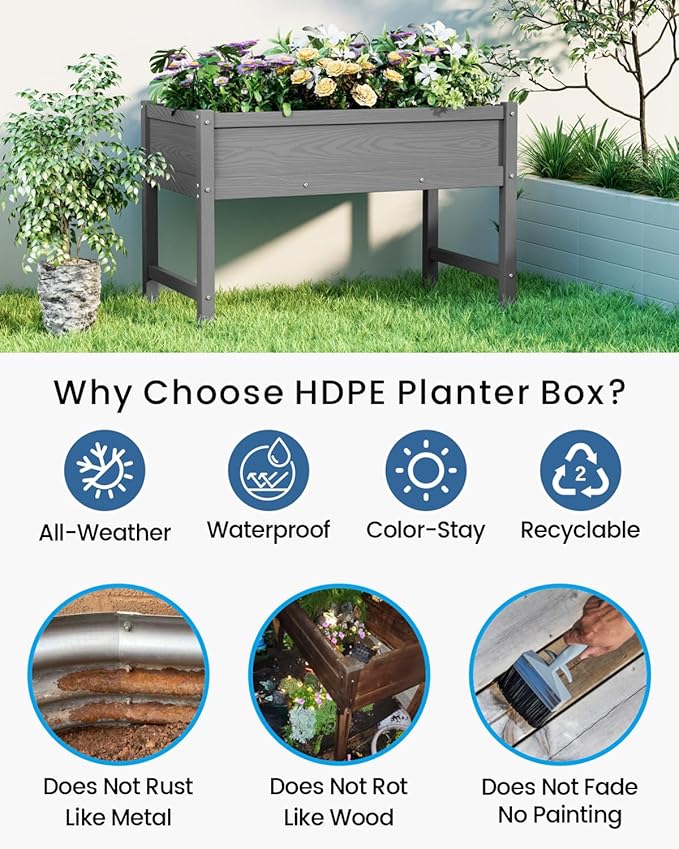 HDPE Raised Garden Bed with Legs, Outdoor Weather-Resistant Elevated Planter Box Stand for Seeds, Herbs, Flowers, Vegetables (Grey)
