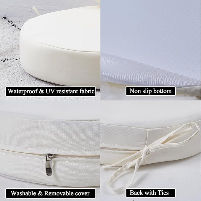 15 x 15 Inch Round Cushions for Outdoor Furniture Non-Slip Waterproof Patio Bistro Chair Cushion with Ties Bar Stool Seat Cushion for Kitchen Chairs Set of 4, Beige